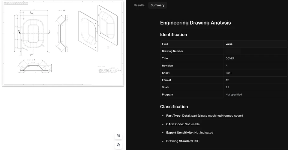 Source drawing beside structured analysis in the aerospace document-review application.