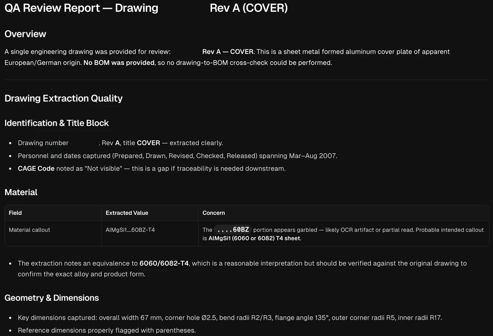 Review report showing drawing extraction observations and a material-reading concern requiring verification.