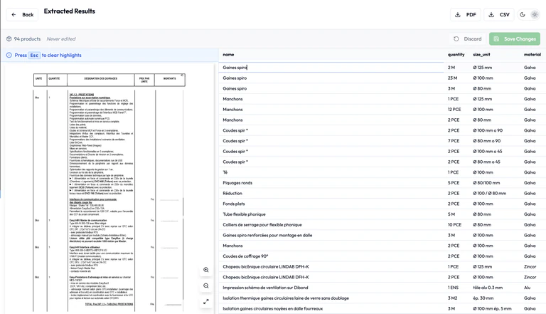The RFQ application showing a source PDF beside editable extracted requirements.