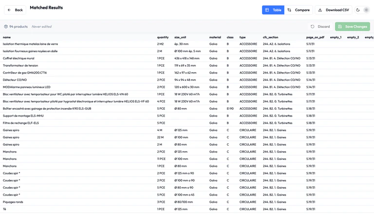 Light-theme matching results table with product names, quantities, dimensions, materials and source-page references.